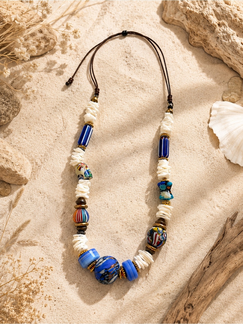Boho Handmade Beaded Necklace – Murano Glass, Shell & African Trade Beads unique